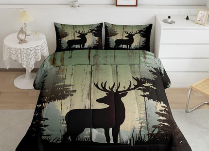 Castle Fairy Deer Hunting Comforter Set King Size,Rustic Farmhouse Wooden Bedding Set 3pcs for Kids Teens Adults Room Decor,Pine Botanical Animals Silhouette Quilted Duvet Retro Brown Bedspread
