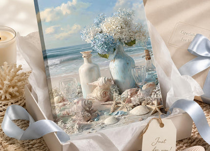 Blue Ocean Beach Bathroom Wall Art,Coastal Beach Hydrangea Seashell Wall Decor,Framed Nautical Canvas Print (Ready to Hang), for Living Room Bedroom Bathroom Beach House Home Decoration 12x16in