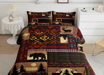 Deer Moose Bear Comforter Set Twin,Boho Aztec Comforter Western Rustic Farmhouse Woodland Bedding Sets,Pine Tree Country Lodge Cabin Quilt Set for Boys Teens Men,Teal Red Brown Stripes Decor 2 Pcs