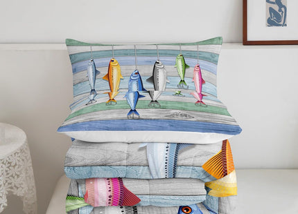 Fish Pattern Duvet Insert Twin,Kids Fish Hook Fishing Bedding Set for Boys Girls,Rustic Farmhouse Comforter Set for Bedroom Decor,Western Style Wood Barn Door Quilted Comforter with 1 Pillow Sham
