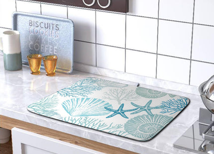 Summer Teal Dish Drying Mat for Kitchen Counter Nautical Coastal Blue Dishes Drainer Mats Turquoise Beach Coral Seashell Starfish Ocean Absorbent Microfiber Dish Draining Pad 18x24 Inch