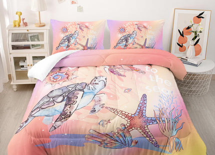 Nttopship Sea Turtles Comforter Set - Full Size Bedding for Kids, Starfish & Aquatic Plants Pattern, All Season Comforter & 2 Pillowcases