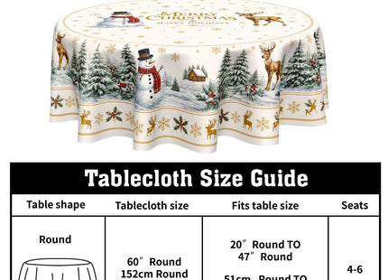Merry Christmas Tablecloth Round 60 Inch Xmas Snowman Deer Pine Tree Table Cloth Circle Dust-Proof Washable Wipeable Winter Holiday Table Cover Polyester Tabletop for Dining Kitchen Picnic Party Decor