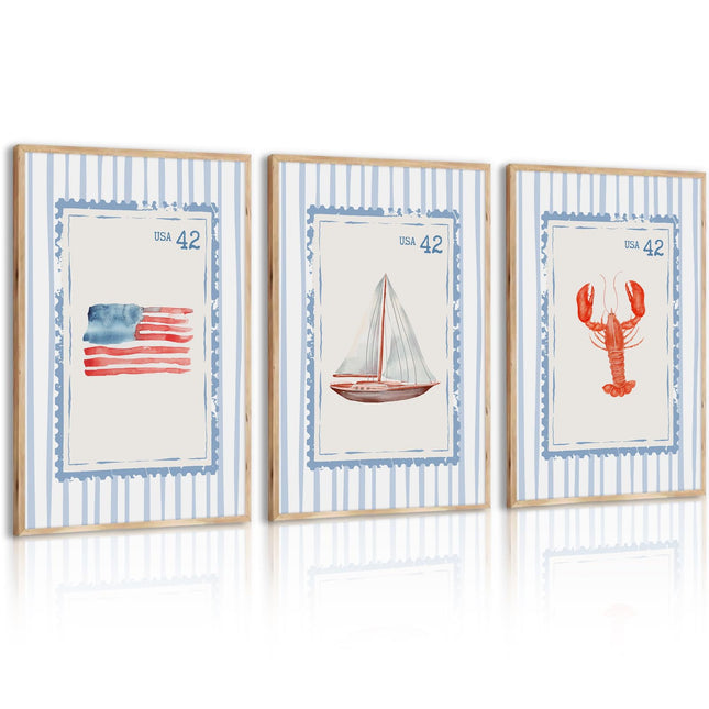 Blue Beach Stamp Wall Art Ocean Canvas Pictures Coastal Grandmother Wall Decor Ocean Fisherman Poster Prints Watercolor Coastal Painting Preppy Aesthetic Artwork for Bedroom Home 12x16 Inch Unframed