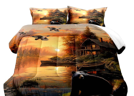 LUVIVIHOME 3PCS Black Bear Comforter Set Full Size, Rustic Cabin Bedding, Forest Animals Mallard Duck Wildlife Hunting Hunter Country Lodge Farmhouse Bedroom Decor, Microfiber Quilt, 2 Pillow Shams