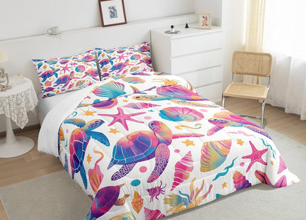 Erosebridal Sea Turtle Comforter Set Queen for Kids Girls Boys,Coastal Beach Theme Bedding Set Nautical Bedroom Decor,Pink Blue Sea Shell Starfish Comforter Set,Ocean Life Quilt Bed Set 3Pcs
