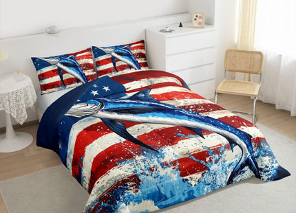 Marlin Swordfish Comforter Set Boys American Flag Bedding Set, Hunting and Fishing Comforter for Kids Teens Adult Bedroom Marine Life Ocean Animal Down Comforter with 1 Pillow Case, Blue Red, Twin