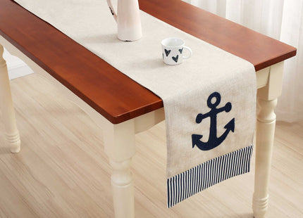 DECOPOW Embroidered Anchor Linen Table Runner ,14 Inches x 72 Inches (Navy Stripe)