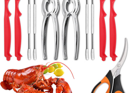4-Person Seafood Tools Set includes 2 Crab Crackers, 4 Lobster Shellers, 4 Crab Leg Forks/Picks and 1 Seafood Scissors - Nut Cracker Set