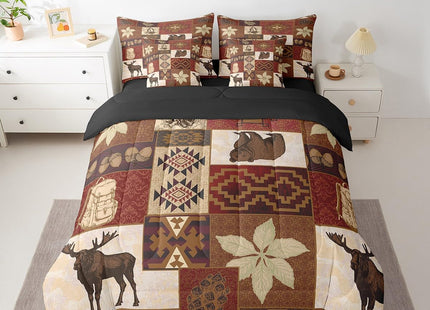 Erosebridal Buffalo Plaid 7 Piece Comforter Set Cabin Decor,Bear Elk Deer Wild Animal Bedding Sets Fall Leaves Pine Cones Bed Sheets Wildlife Hunting Theme Quilt Bohemian Floral Bed in a Bag,Twin