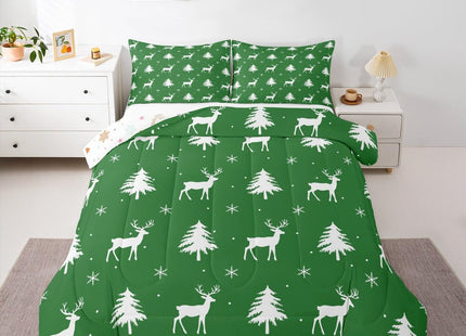 Manfei Christmas Deer Girls Bedding Set Twin Size, Snowflake Pine Tree Comforter Set，Rustic Farmhouse Xmas Quilt Comforter for Boys Teens,Green White Room Decor All Season,1 Pillowcase