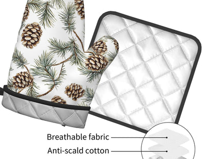 Winter Pine Cones Green Oven Mitts and Pot Holders Sets Heat Resistant Non Slip Christmas Branch Pinecone Kitchen Gloves Hot Pads Potholders 2 Pack Set Holiday Decor for Chef Cooking Bakers Kitchen