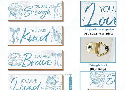 Riletese 4 Pcs Blue Coastal Wall Decor, Positive Affirmations Wall Art Decor, Inspirational Wooden Signs, Beach Boho Bow Wall Art Hanging Plaques, Perfect for Girls Bedroom, Bathroom, Living Room