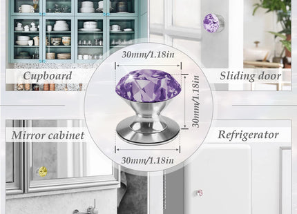 CcHhyyt 4 Pcs Crystal Adhesive Knobs Stick On Cabinet Handle Purple K9 Crystal Pulls Peel and Stick Dresser Pulls for Mirror Cabinet Drill Free Knobs for Glass Sliding Doors Fish Tank Lid Terrarium
