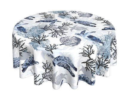 BYONEESS Summer Coastal Tablecloth Round 60 Inch Nautical Sea Turtle Table Cloth Nautical Coastal Blue Tortoise Coral Table Cover for Party Kitchen Dining Picnic Holiday Outdoor Decor