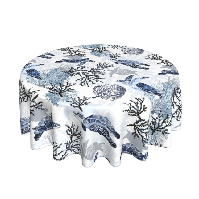 BYONEESS Summer Coastal Tablecloth Round 60 Inch Nautical Sea Turtle Table Cloth Nautical Coastal Blue Tortoise Coral Table Cover for Party Kitchen Dining Picnic Holiday Outdoor Decor