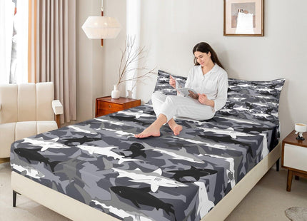 Erosebridal Boys Camo Sharks Bed Sheets Queen,Kids Black White Grey Camouflage Sheet Set Deep Ocean Animal Bedding Set,Soft Microfiber Cool Wildlife Fitted Sheet + Flat Sheet + 2 Pillow Cases