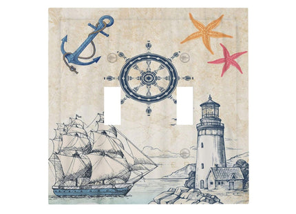 Nautical Sailboat Beach Anchor Pirate Beacon Ocean Double Toggle Light Switch Covers Decorative 2 Gang Wall Plate Electrical Faceplate Switchplate for Farmhouse Bathroom Bedroom Living Room Decor