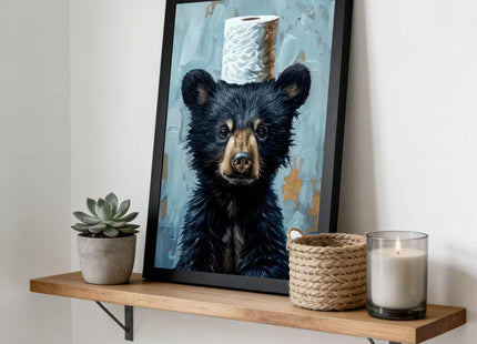 Framed Funny Black Bear Bathroom Canvas Wall Art Adorable Bear with Toilet Paper Painting picture Wall Decor Cute Animal Poster Print Artwork for Bathroom Modern Nursery Humor Home Decor 12x16 in