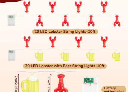 Baquler 4 Pcs 10ft 20 LED Lobster Decorations and Lobster with Beer String Lights, Crawfish Boil Party Supplies Seafood Boil Party Decorations for Summer Camping Mardi Gras Wedding Birthday Patio
