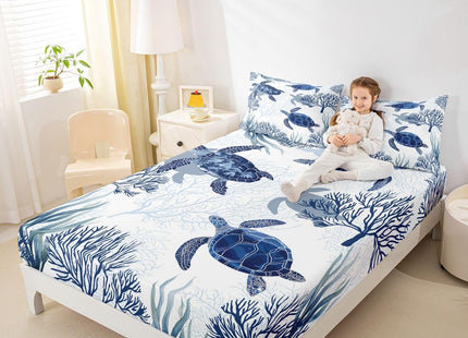 Sea Turtle Bed Sheet Set - Kids Girls Boys Bedroom, Nautical Coastal Fitted Sheet, Ocean Beach Theme, Blue White Sea Animal Turtle Print Bed Cover