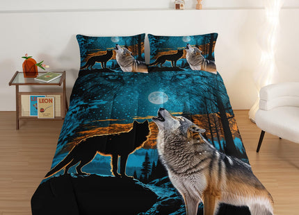 HOSIMA Wild Wolf Comforter Forest Animal Print Bedding with 2 Pillow Shams,Tree Moon Wolf Bedding Sets for Boys Kids Man Room Decor Snowy Forest Blue Queen Comforter Set.