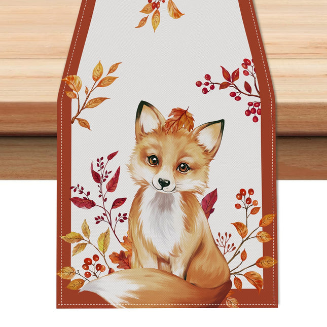 Bonhause Fall Fox Table Runner 13x90 Inch Autumn Animal Deer Maple Leaves Berries Thanksgiving Kitchen Dinning Table Decoration for Indoor Outdoor Home Party Decor