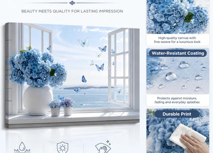 Birnsen Coastal Bathroom Canvas Wall Art Blue Hydrangea Floral Vase Butterfly Open Window Beach Seascape Wall Decor Poster Print Artwork for Living Room Bedroom Bathroom Home Decor 12x16in