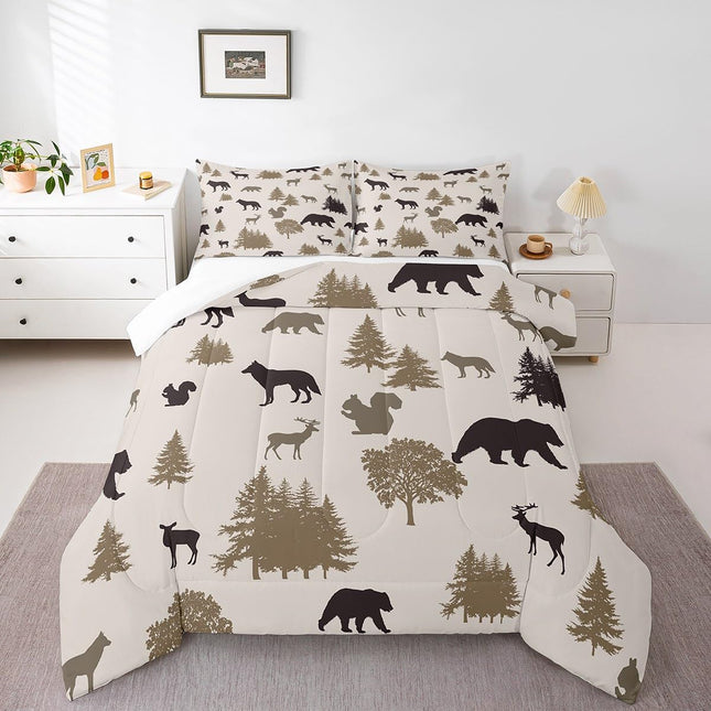Bear Comforter Set Kids Boys Girls,Rustic Elk Moose Squirrel Wolf Twin