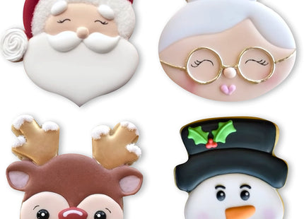 COOKIEQUE 4 Pieces Christmas Cookie Cutters Set with Santa Face, Reindeer Face, Snowman Face, Mrs. Claus Cookie Cutters for Baking Christmas Unique Design with Protective Red Top PVC