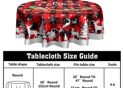 Granbey Christmas Reindeer Round Table Cloth - Red Xmas Buffalo Plaid Tablecloth 60 Inch Winter Snow Snowflakes Table Cover Decorative for Christmas Holiday Kitchen Party Home