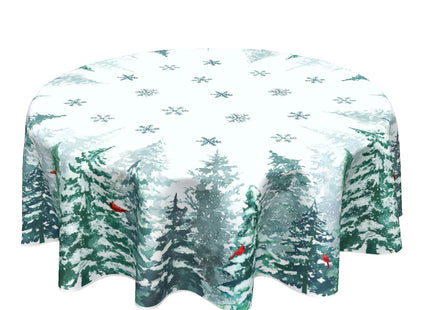 Winter Green Pine Tree Table Cloth Round Xmas Red Cardinal Bird Snowflake Tablecloth 60 Inch Decor Washable Stain and Wrinkle Resistant Winter Round Table Cover for Dining Picnic