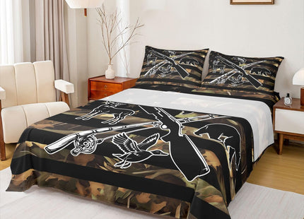 Hunting Fishing Bed Sheets For Kids Boys Men Camo American Flag Bedding Set Queen Wild Fish Duck Deer Bear Sheet Set Black Animal Silhouette Camouflage Fitted Sheet + Flat Sheet + 2 Pillow Cases