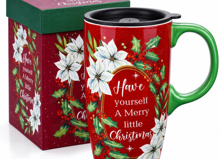 Topadorn 17oz Poinsettia Holly Ceramic Coffee Mug with Lid & Gift Box
