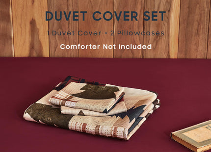 Wake In Cloud - Rustic Duvet Cover Set, Cabin Western Christmas Holiday Country Theme with Bear Deer Lodge Patchwork, Soft Lightweight Bedding, 3-Piece, Burgundy Brown, King Size