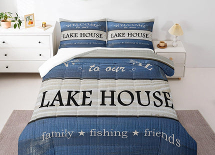 Castle Fairy Lake House Comforter Set Twin Size,Cabin Lodge Rustic Farmhouse Style Bedding Set for Kids Boys Men,Country Blue Wooden Stripes Quilted Duvet Set with 1 Pillowcase