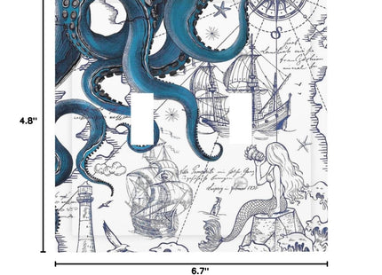 Nautical Octopus Mermaid Lighthouse 2 Gang Double Toggle Light Switch Cover Electric Wall Plate Electrical Faceplate for Bathroom Home Living Room Jumbo Size Decor