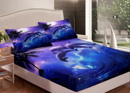 Dolphin Fitted Sheet,Cute Dolphins Jumping in The Moonlight Ocean Waves Beach Theme Sheet Set,Soft Decorative Fabric Bedding All-Round Elastic Pocket,Twin Size,Blue Purple