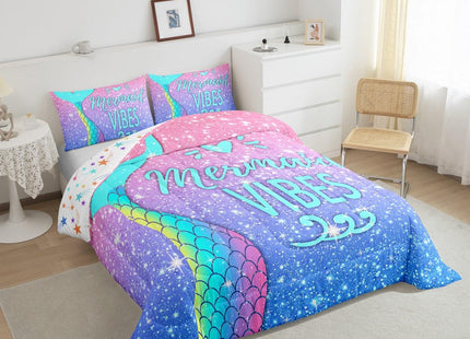 Girls Mermaid Tail Comforter Set Full Kawaii Coastal Fish Scales Bedding Set Glitter Star Galaxy Comforter Blue Pink Pastel Ombre Set Princess Bed Set Ocean Animal Quilt Duvet 2 Pillowcases Teal