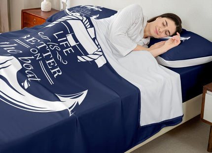 Castle Fairy Nautical Anchor Bed Sheet Set King Size,Boat Life Themed Art Anchor Print Deep Pocket Fitted Sheet,1 Flat,2 Pillowcases,Blue Ocean Themed Navy Bed Mattress Cover, Bedroom Decor