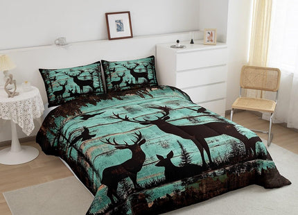 Deer Hunting Comforter Set Full Size,Elk Anlter Hunter Quilt for Men Boys Adults,Farmhouse Camping Home Bedroom Decor Wooden Pine Trees Duvet Insert Woodland Wildlife Silhouette Bedding Set,3Pcs