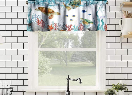 JanJCurt Sea Turtle Window Valance, Teal Blue Ocean Underwater Animal Starfish Fish Nautical Coastal Rod Pocket Short Curtain Valance for Living Room Bathroom Kitchen, 54x18in