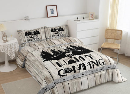Rustic Farmhouse Quilt Set Twin Woodland Travel Camper Theme Bedding Set For Rv Bunks,Happy Camping Comforter Set For Kids Adults Wild Animal Deer Pine Tree Decor Duvet Insert 1 Pillow Case