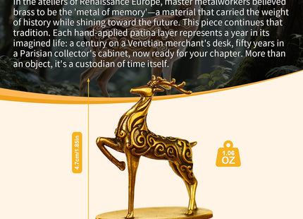 Solid Brass Deer Figurine with Auspicious Cloud Patterns, Retro Desktop Decor, Collectible Figurines, Handcrafted Art Deco Sculpture for Office Desk, Home Decor, Lucky Symbol Ornament