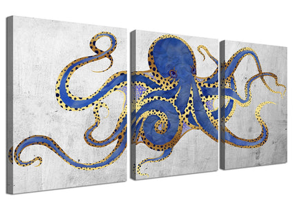 Carestar 3 Piece Octopus Wall Art Painting Navy Blue Marine Animal Picture Print On Canvas Ocean Life Poster for Bathroom Bedroom Home Decor Decoration Gift Easy To Hang 12"x16"x3PCS