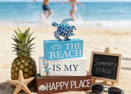 4 Pcs Summer Beach Table Decor Starfish Coastal Wooden Block Sign Sea Turtle Table Centerpieces Summer Tiered Tray Decor Nautical Beach Decorations for Home Kitchen Shelf Mantel Farmhouse
