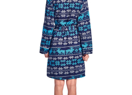 Ashford & Brooks Women's Sweater Fleece Printed Lounge Robe - Fairisle Moose Aqua - Large