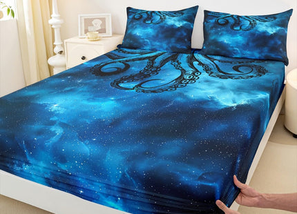Octopus Sheet Set Twin Size Sealife Dark Blue Starry Sky Bed Sheet Set 3pcs with Deep Pocket Fitted Sheet + Flat Sheet + 1 Pillowcase Ocean Animal Abstract Soft Bedding Set for Kids Teens Room Decor