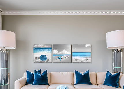 sechars Coastal Canvas Wall Art Seashell Starfish Pictures Prints Bathroom Seaside Painting Artwork Framed (Blue)