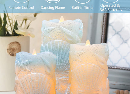 MELTONE Ocean Decor Fireplace Candles Remote: Shell Starfish Decals Real Wax LED Battery Operated Candles for Home Party Christmas Bedroom Nautical Room Decorations - Set of 3